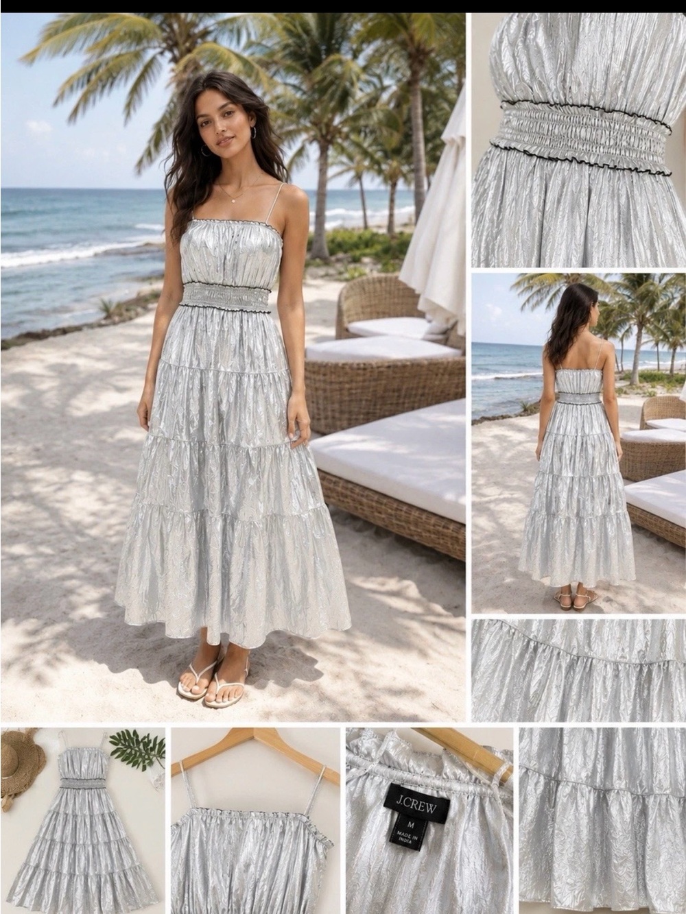 NWT JCrew Crinkle Ruffle Trim MIDI Dress Coastal Chic Resort Vacation Ready Sz M